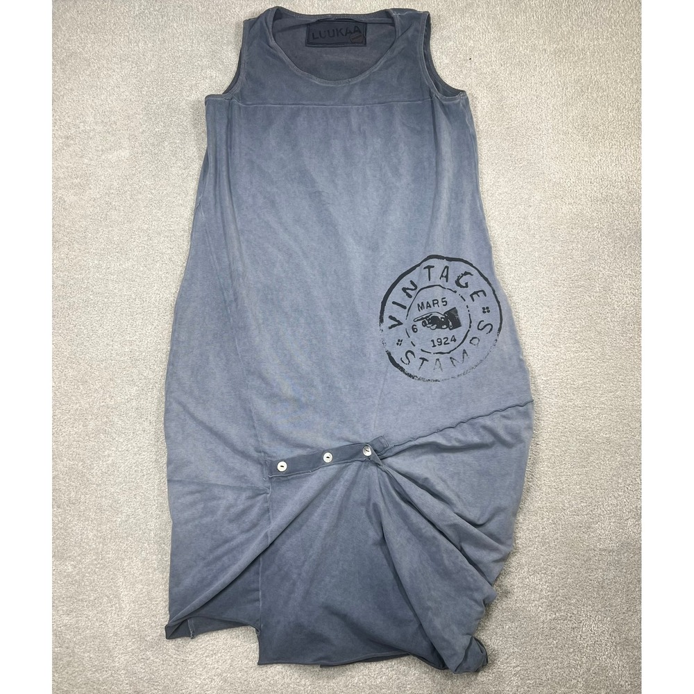 LUUKAA Navy Cotton Sleeveless Asymmetric Graphic Dress Size 3 Large